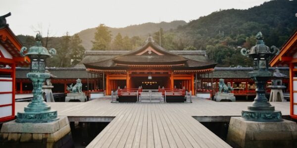 Morning ceremony at a Japanese temple, with monks chanting in a serene atmosphere