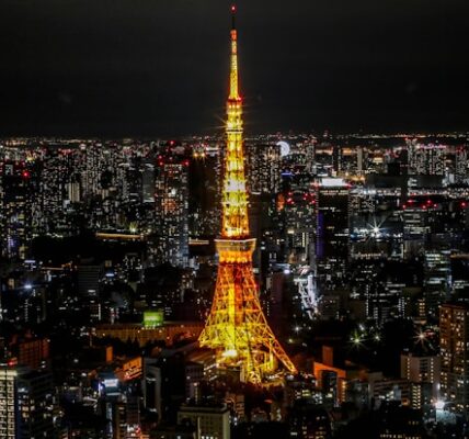 Tokyo skyline at night time with glowing lights