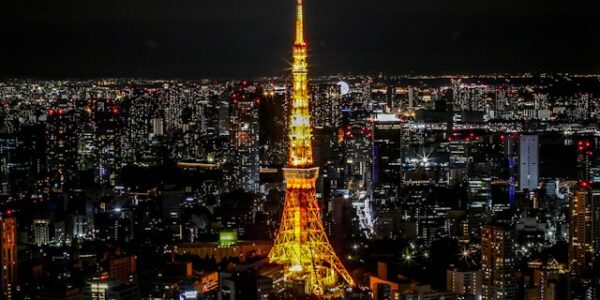 Tokyo skyline at night time with glowing lights